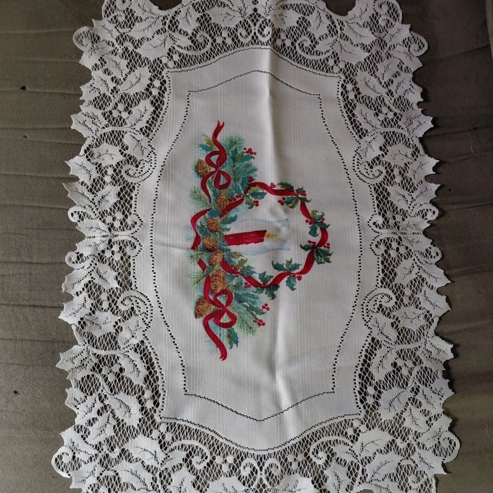 White Lace Holiday Table Doiley with Candle Wreath Design